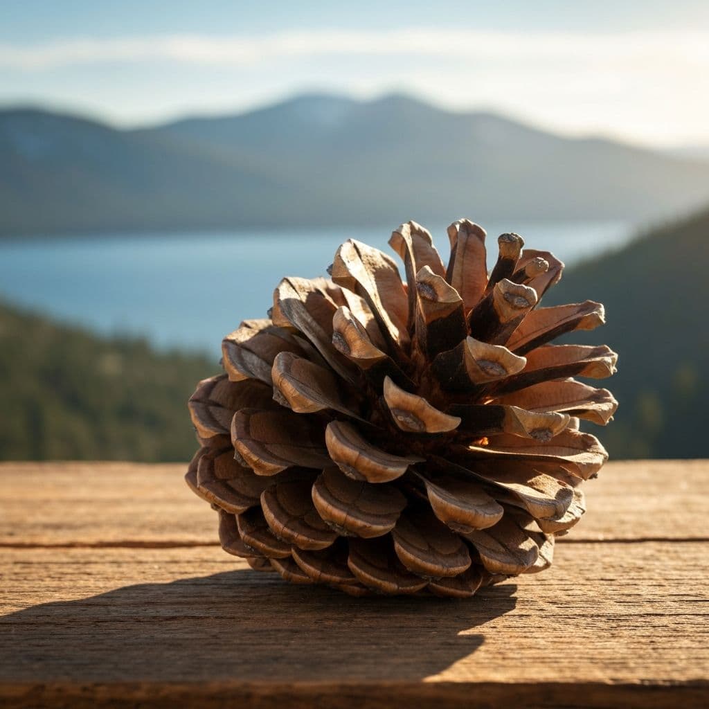 Lake Tahoe sugar pine cone in warm golden light