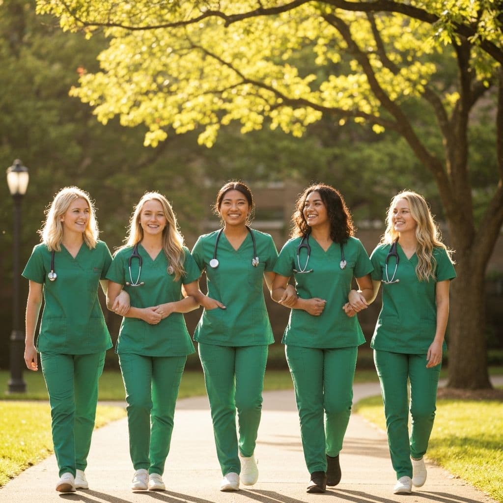 Nursing students walking together on campus